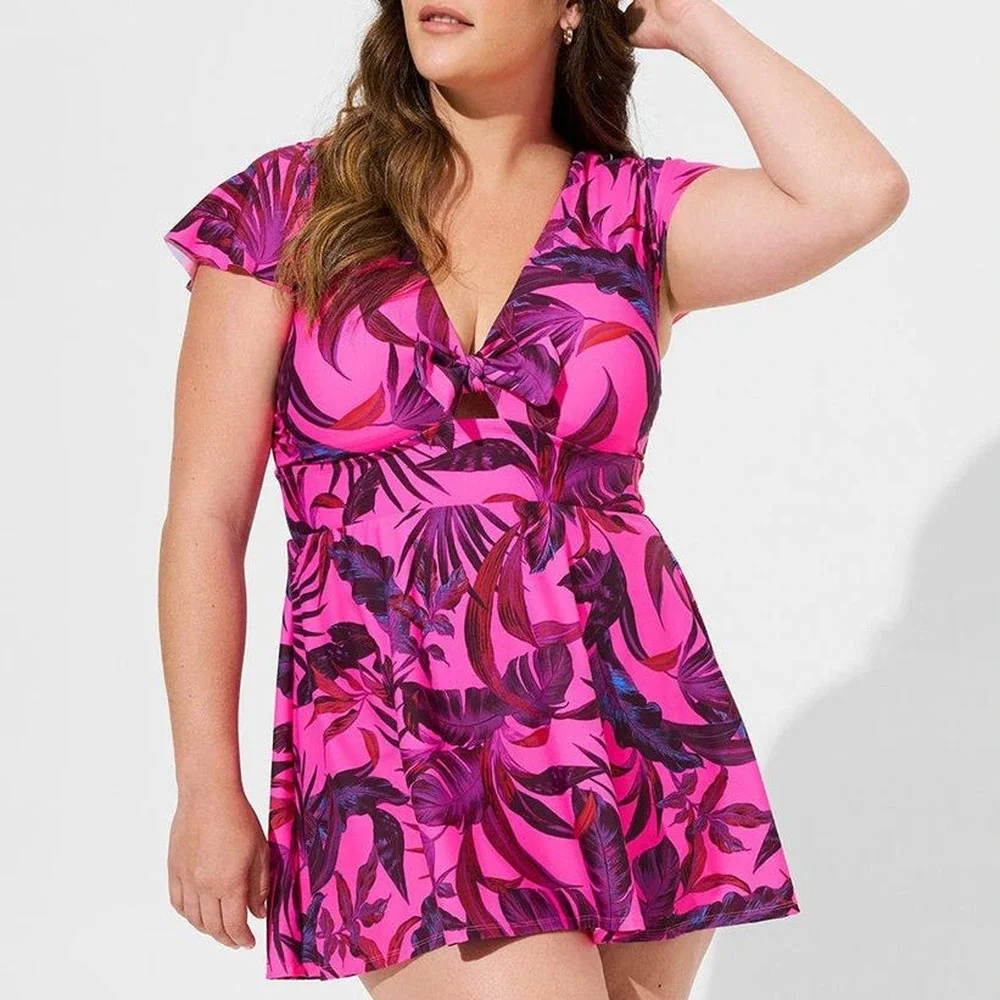 Torrid 4 (4X 26) Hot Pink Wireless Flutter Sleeve Skater Swim Dress w/Briefs - Picture 5 of 6